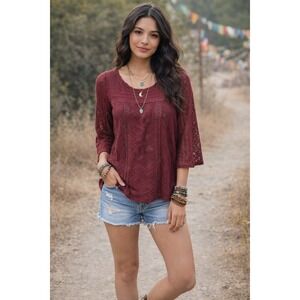 Lucky Brand Crochet Lace Boho Top Small Burgundy Romantic Cottagecore Peasant...
